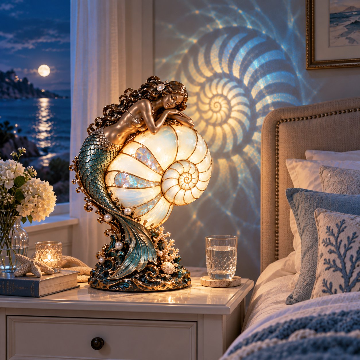 🧜‍♀️ Cast a Magical Ocean Glow! Vintage Mermaid Nautilus Stained Glass Ambient Lamp