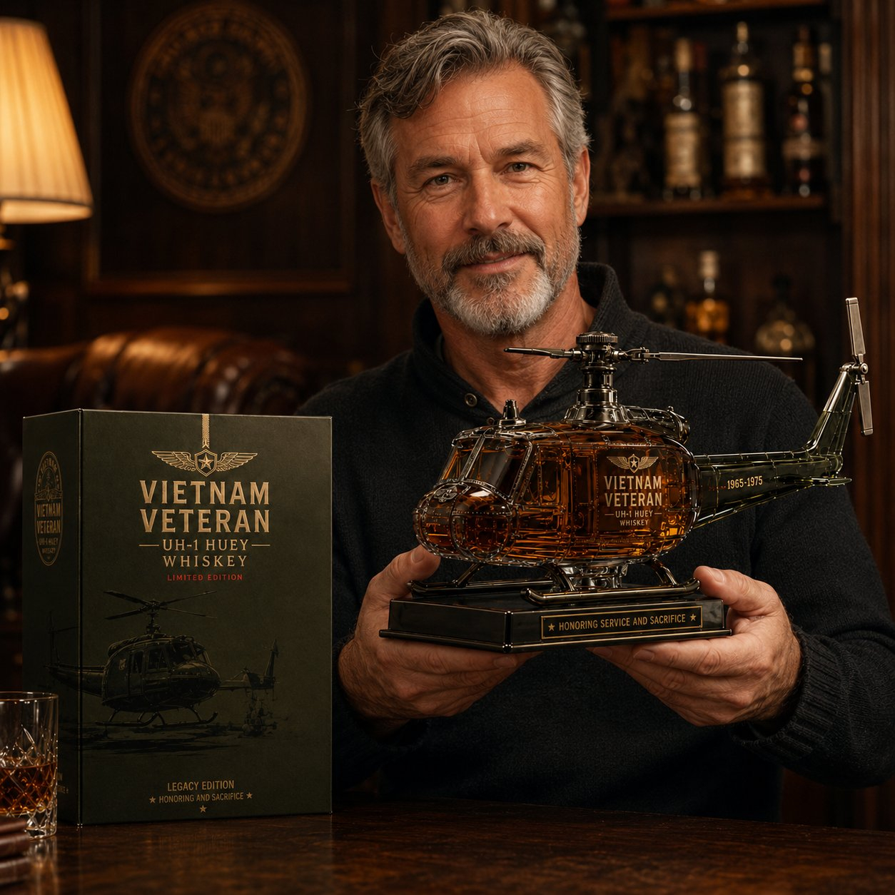 Vietnam War Veteran UH-1 Huey Helicopter Tribute Whiskey Decanter - 1965-1975 Limited Edition