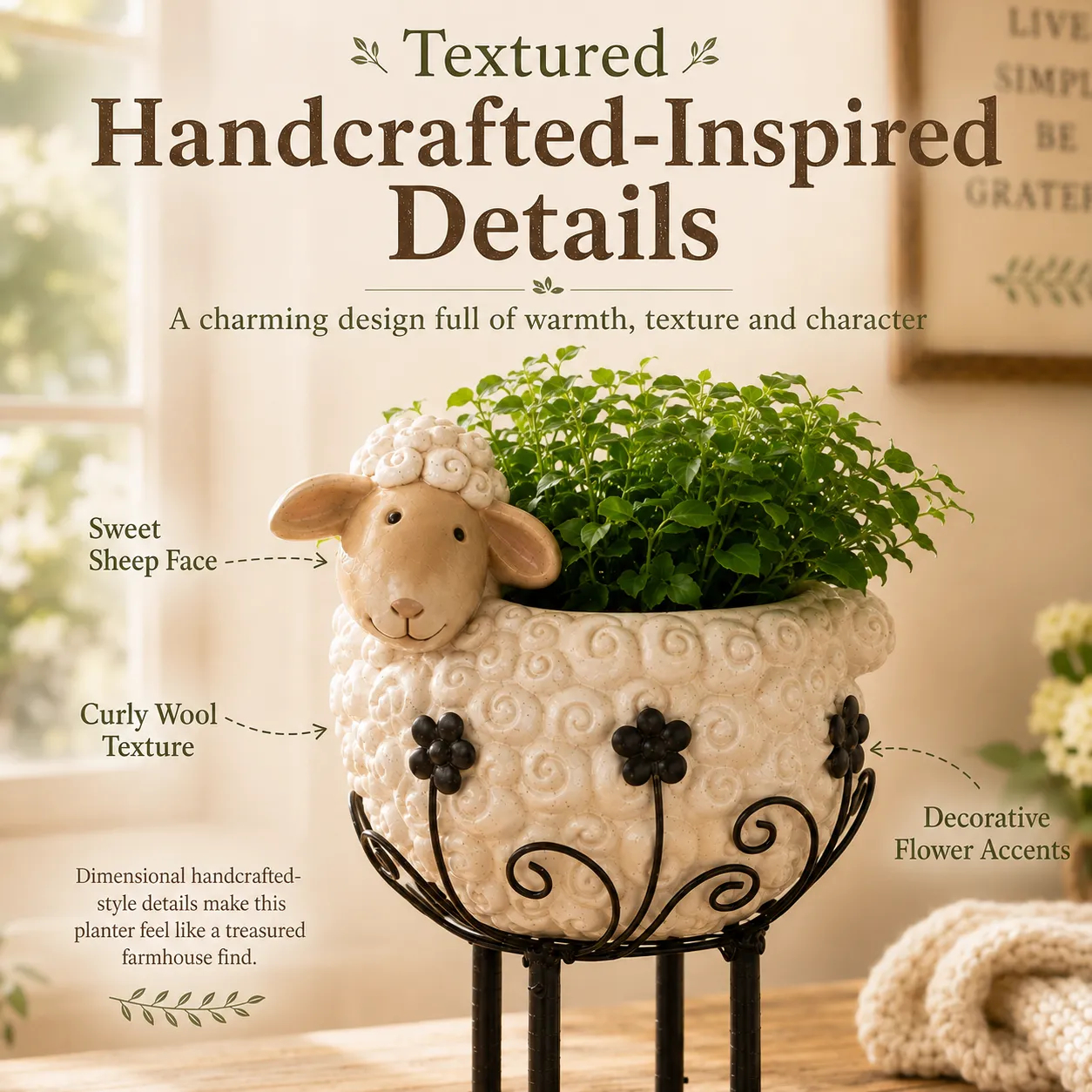 Cute Farmhouse Sheep Planter with Iron Stand