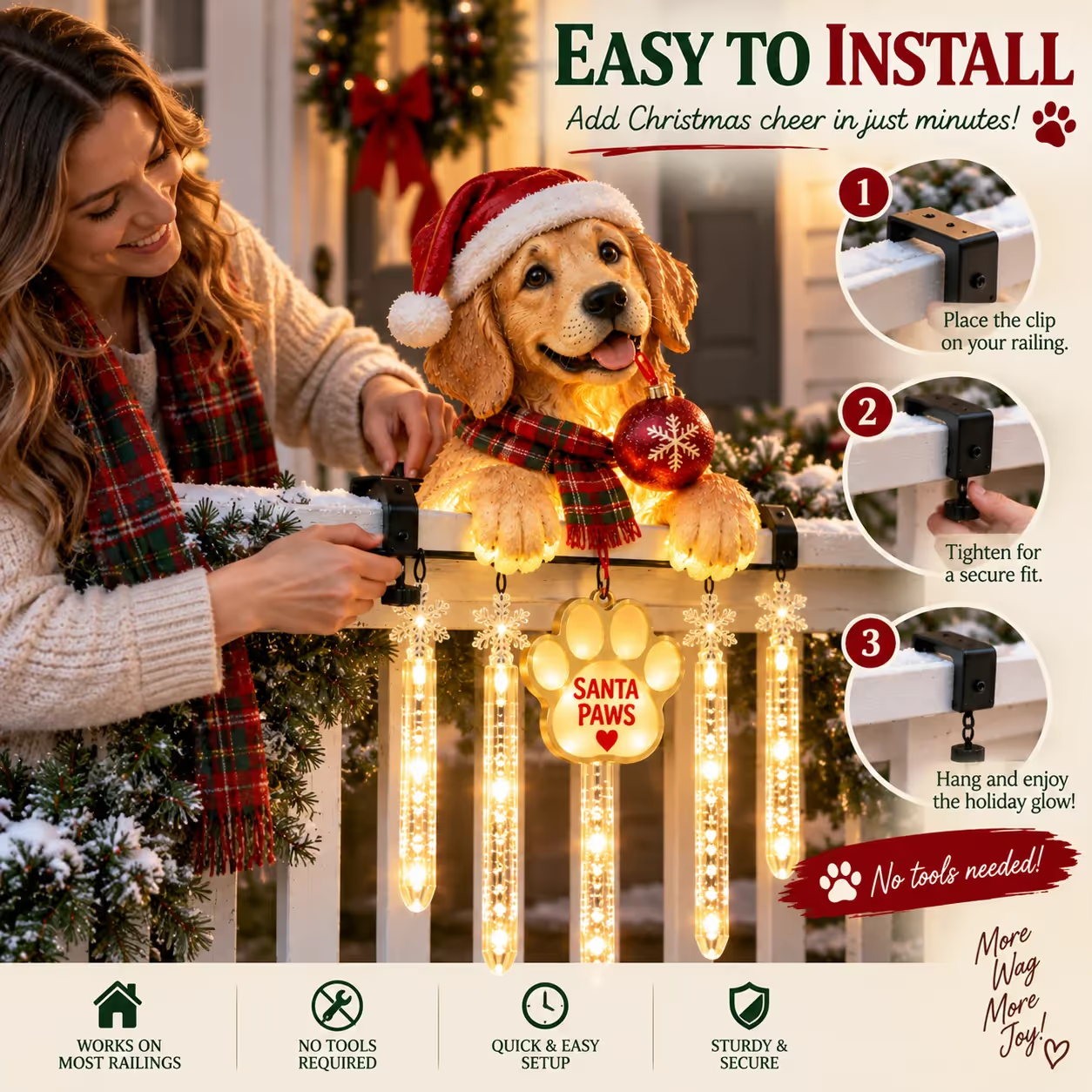 🐾 Santa Paws Christmas Porch Glow – Illuminated Dog‑Themed Railing Decoration 🎄✨