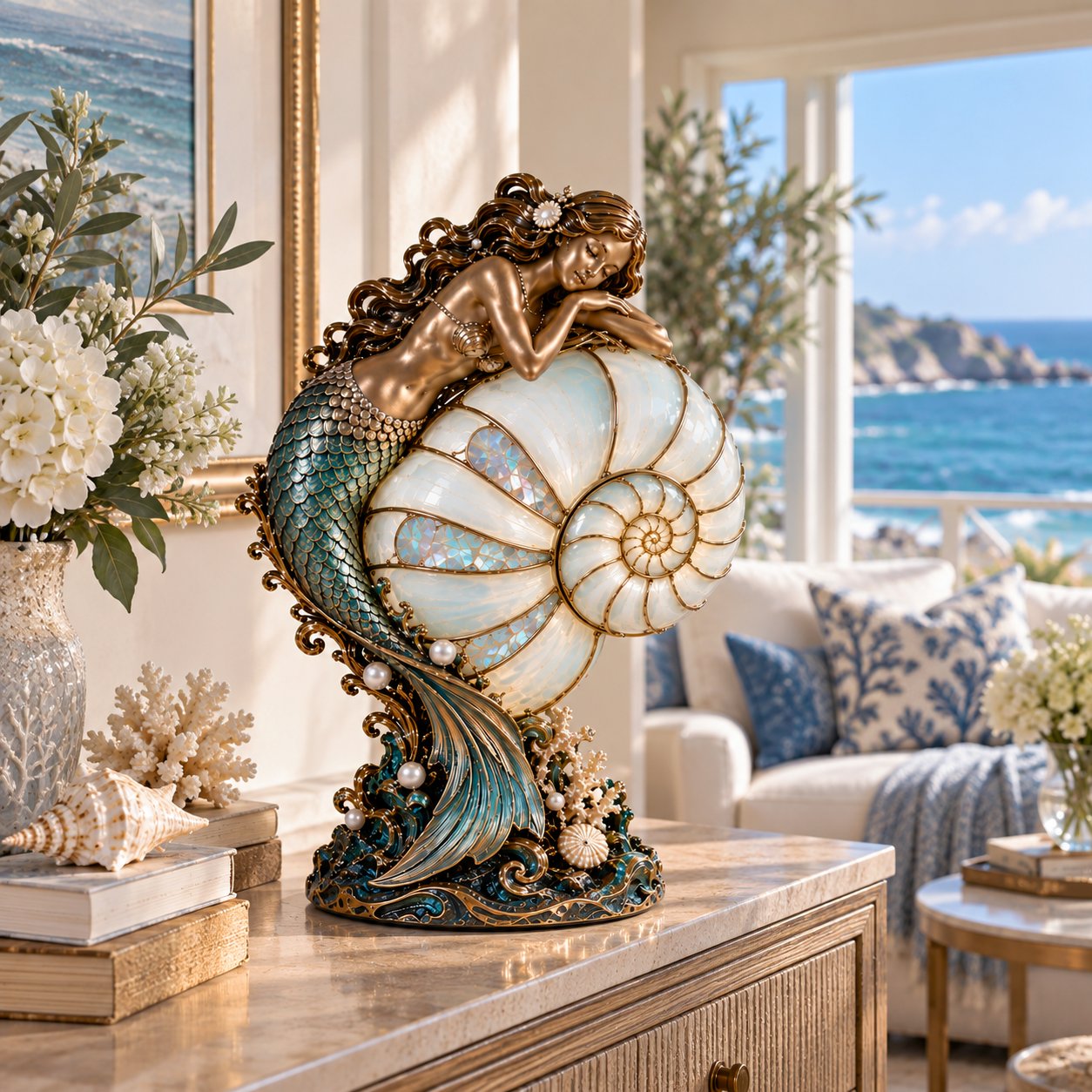 🧜‍♀️ Cast a Magical Ocean Glow! Vintage Mermaid Nautilus Stained Glass Ambient Lamp