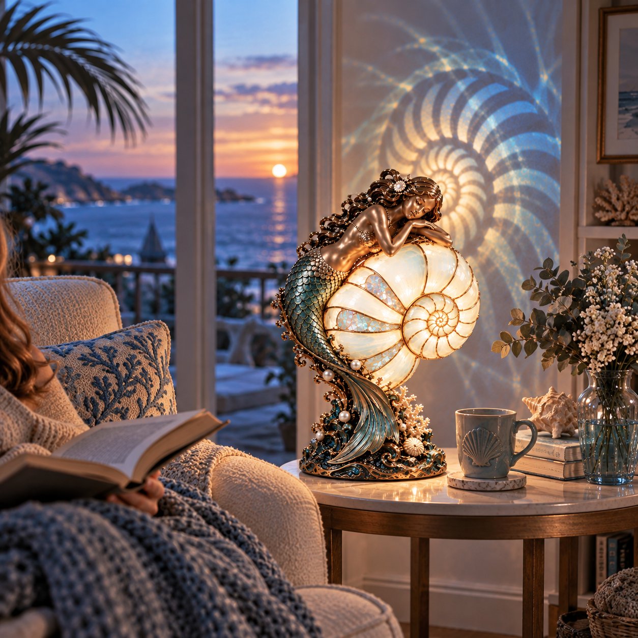 🧜‍♀️ Cast a Magical Ocean Glow! Vintage Mermaid Nautilus Stained Glass Ambient Lamp