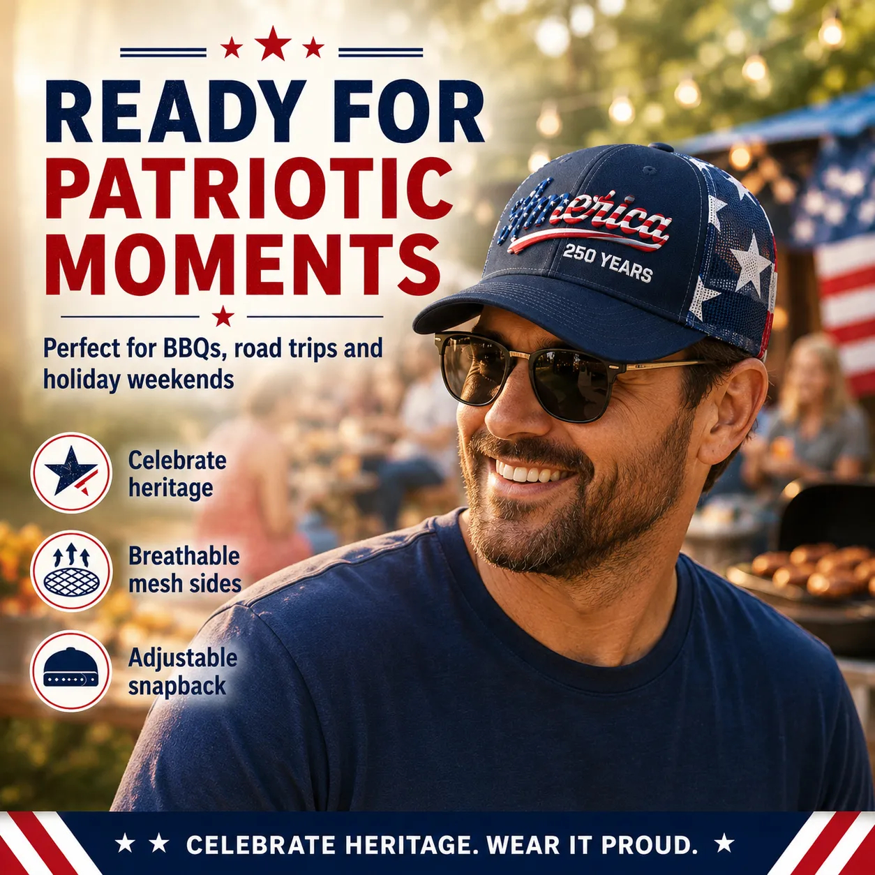 ❤ 🇺🇸 America 250 Years Patriotic Embroidered Mesh Trucker Cap