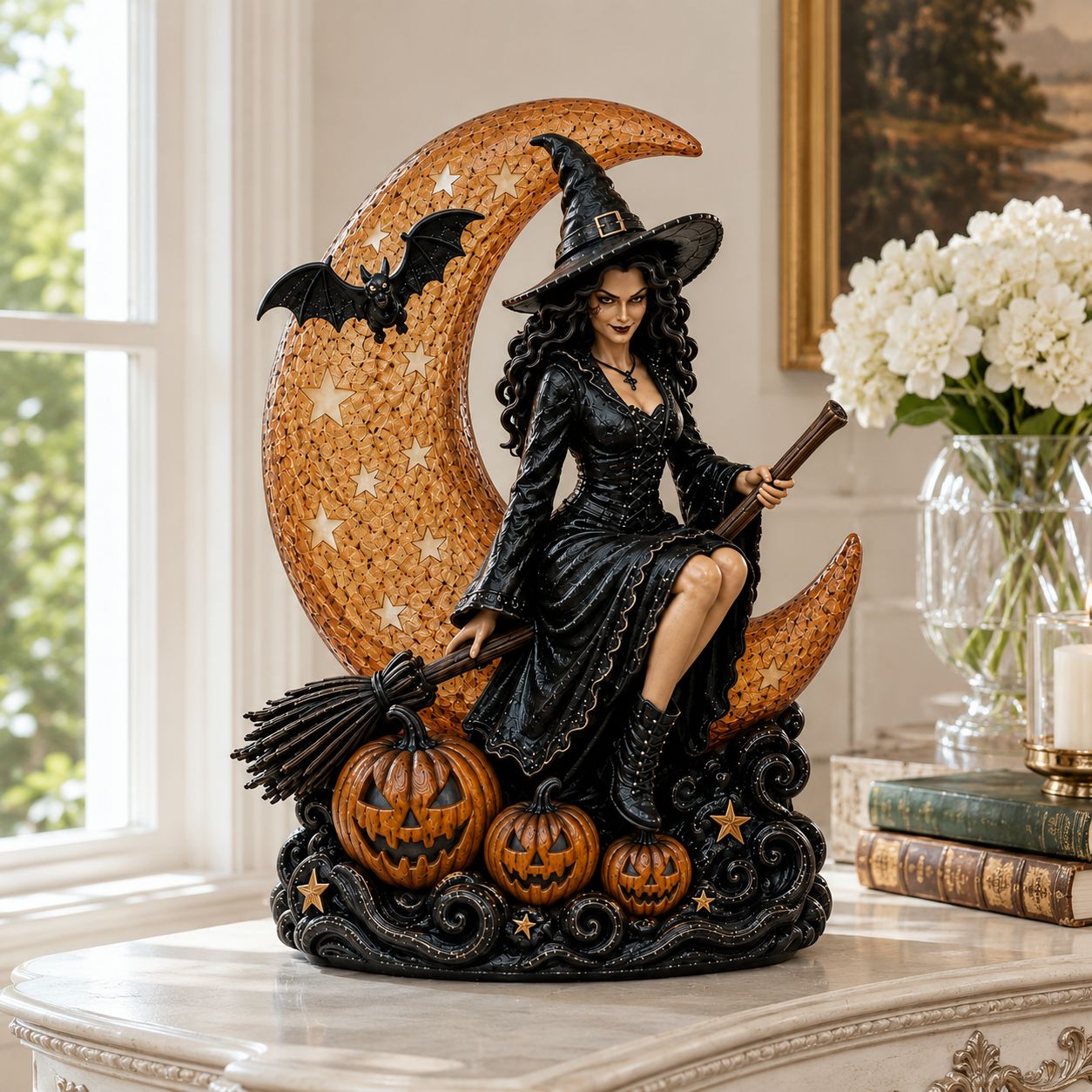 Glowing Witch & Crescent Moon Halloween Table Lamp