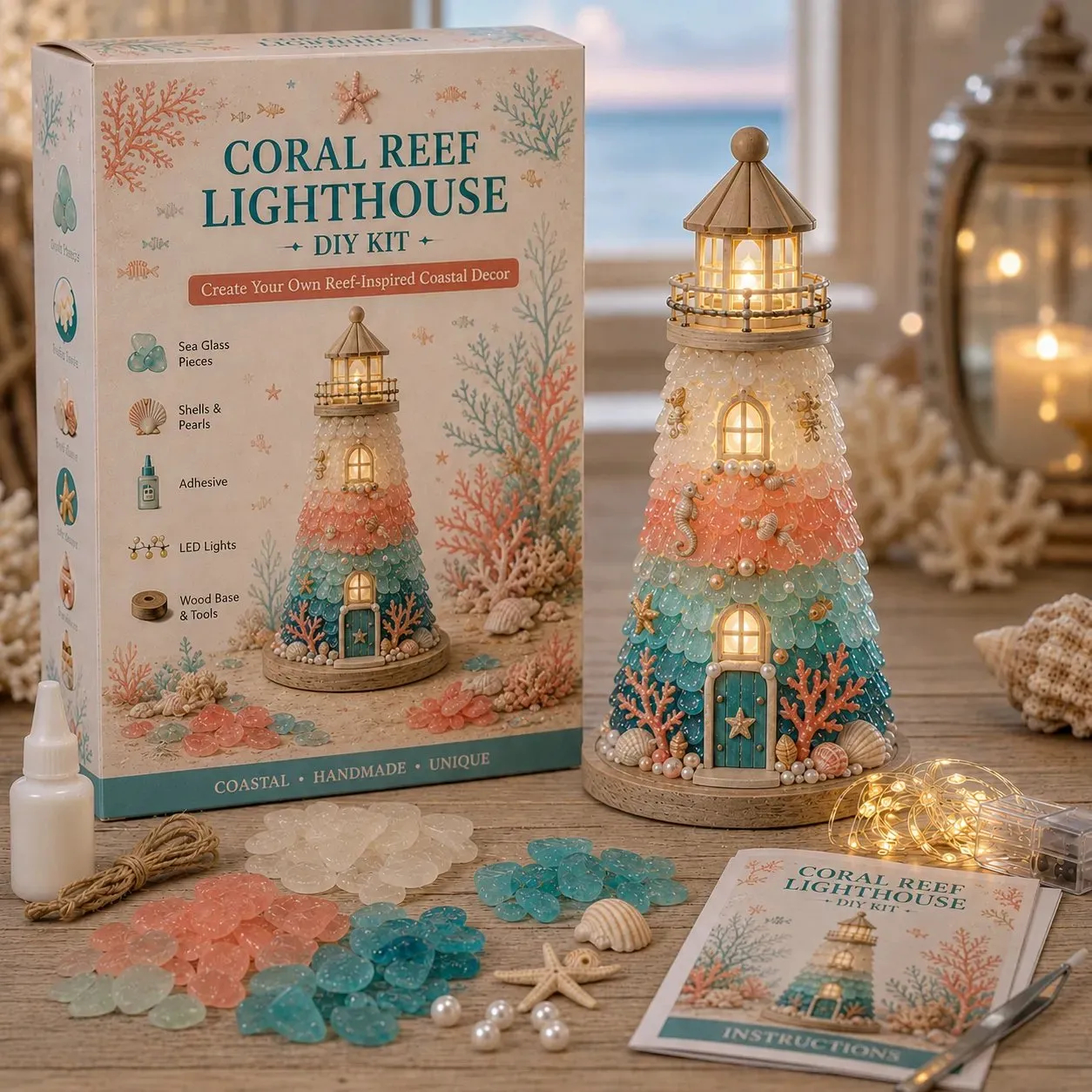 ⏳ Last Day 49% OFF – 🌊 Beginner-Friendly DIY Lighted Sea Glass-Style Lighthouse Kit Collection 💕