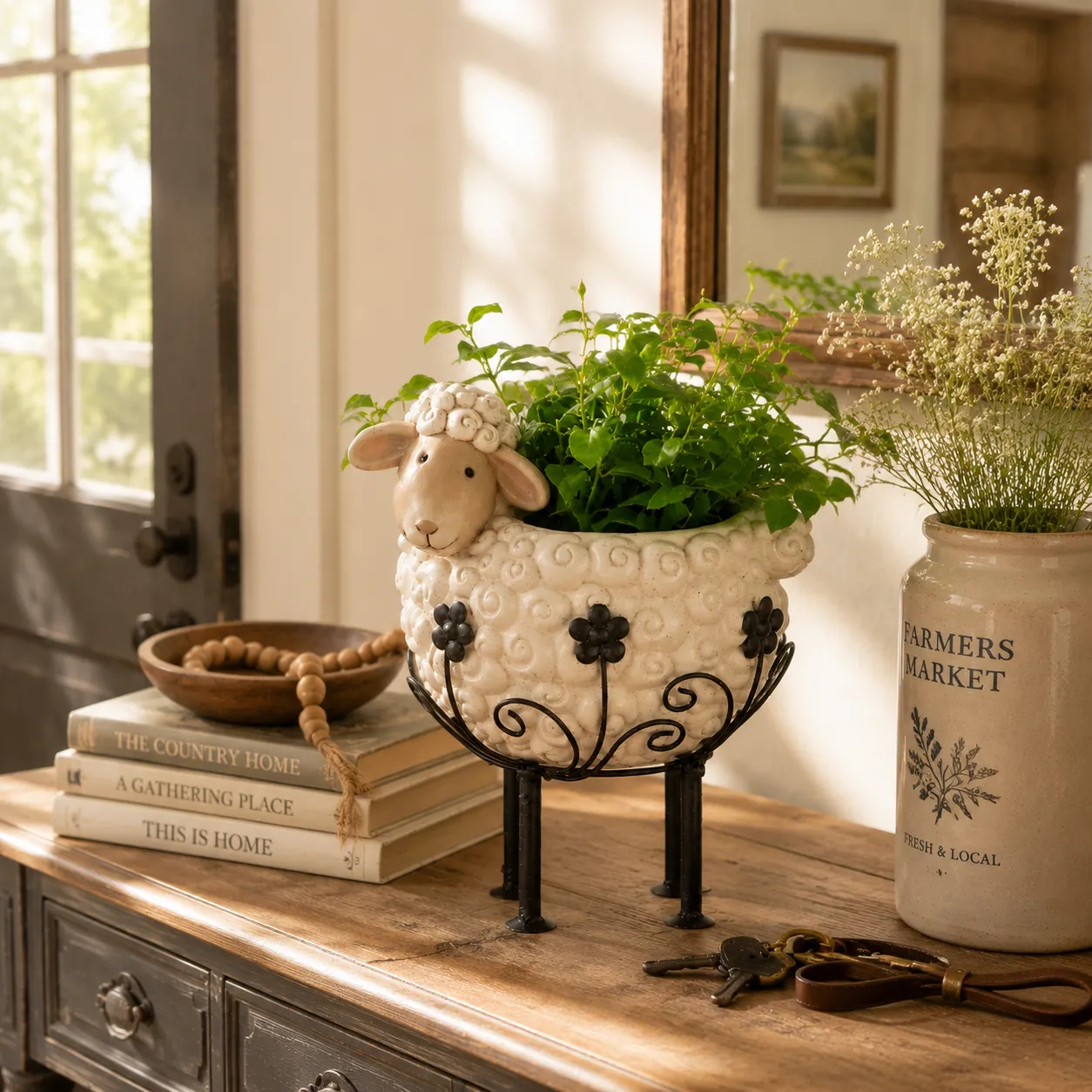 Cute Farmhouse Sheep Planter with Iron Stand