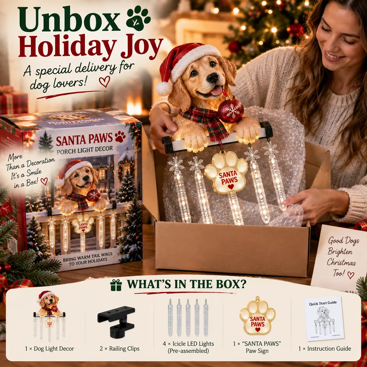 🐾 Santa Paws Christmas Porch Glow – Illuminated Dog‑Themed Railing Decoration 🎄✨