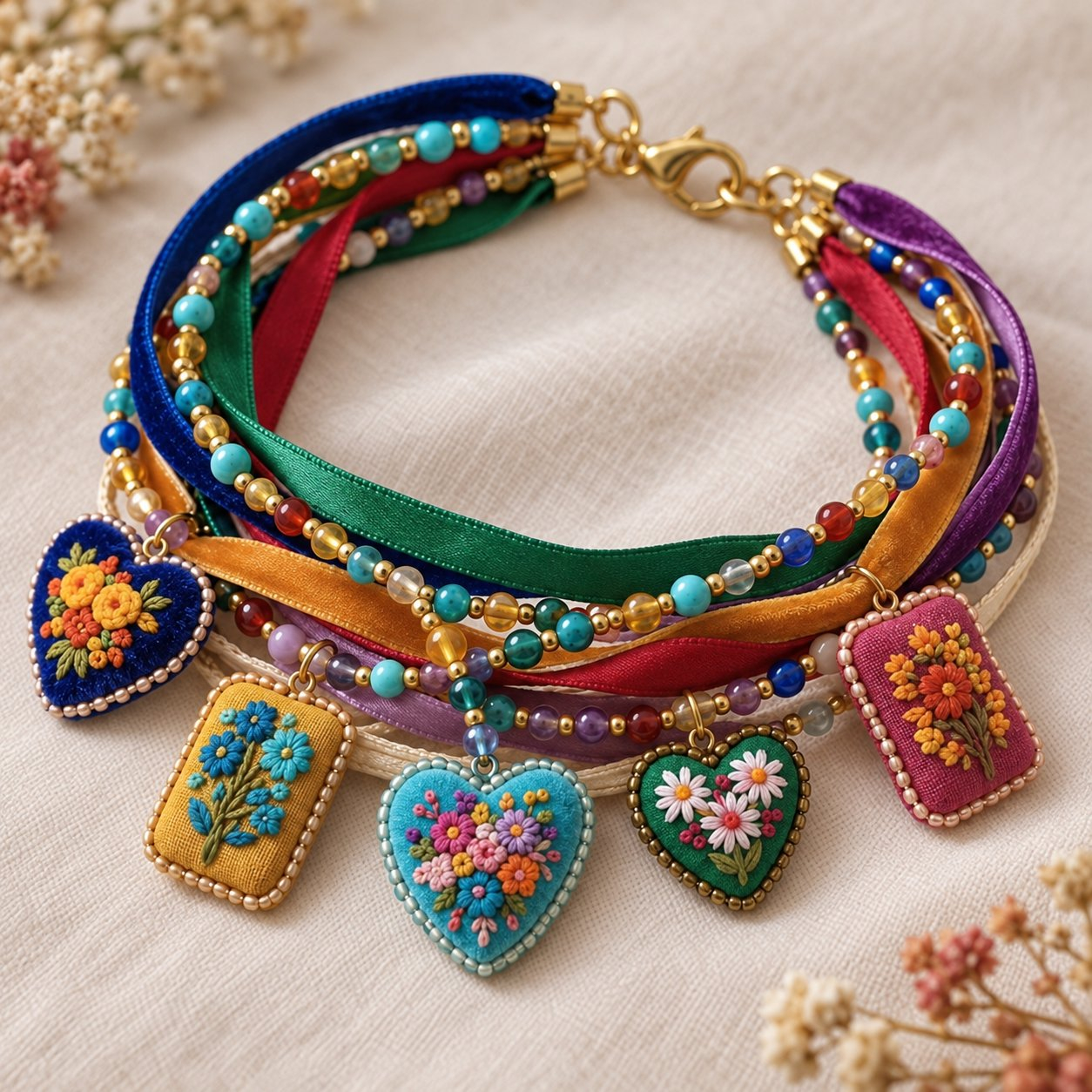 🌸 Embroidered Floral Charm Bracelet DIY Kit