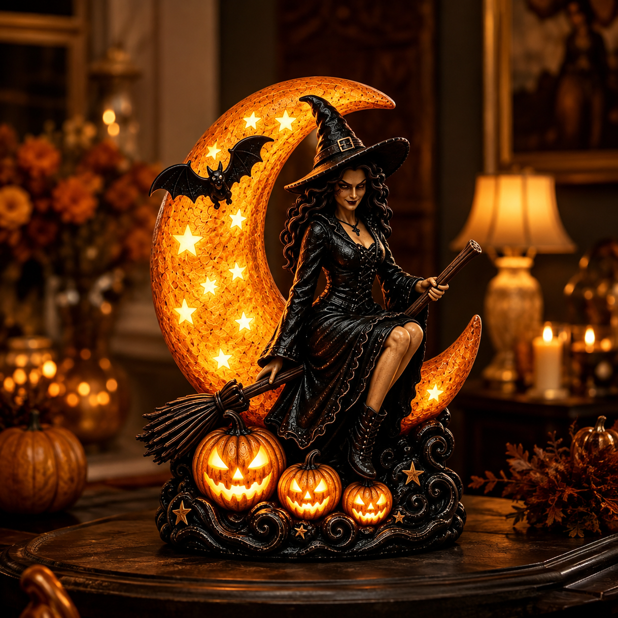 Glowing Witch & Crescent Moon Halloween Table Lamp