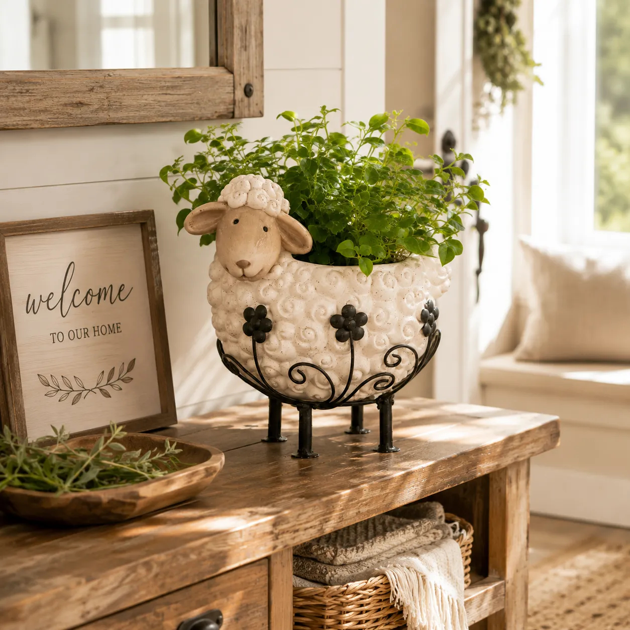 Cute Farmhouse Sheep Planter with Iron Stand