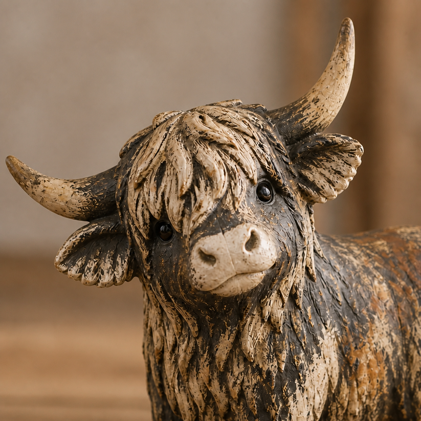 Rustic Highland Cow Figurine — Charming Farmhouse Tabletop Decor
