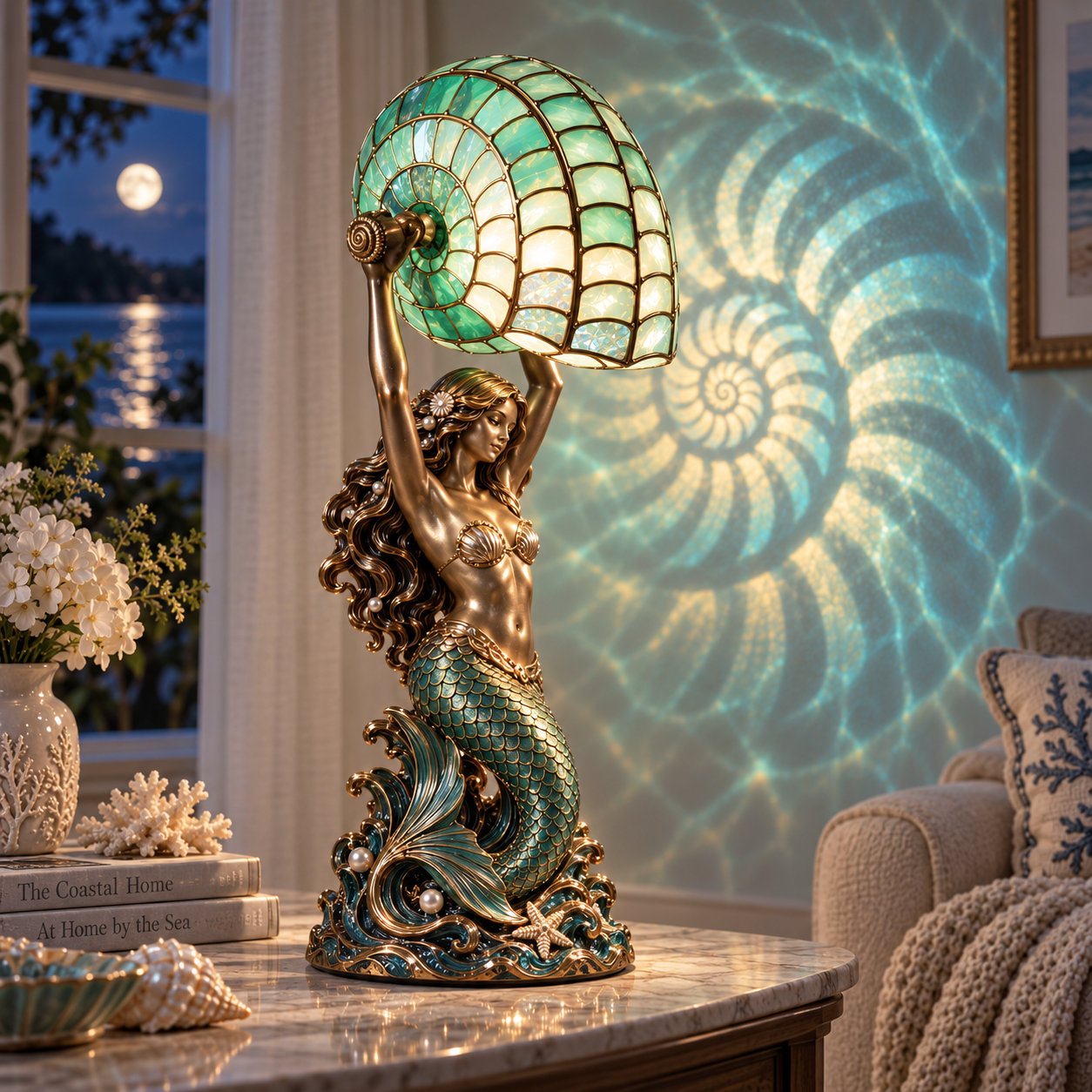 🧜‍♀️ Cast a Magical Ocean Glow! Vintage Mermaid Nautilus Stained Glass Ambient Lamp