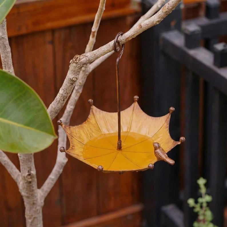 Hanging Umbrella Bird Bath, Bronze Metal Garden Decor
