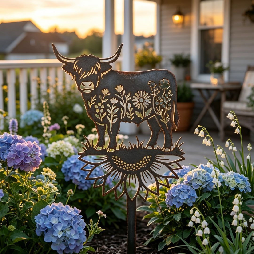Highland Cow Garden Stake – Rustic Charm for Your Outdoor Space