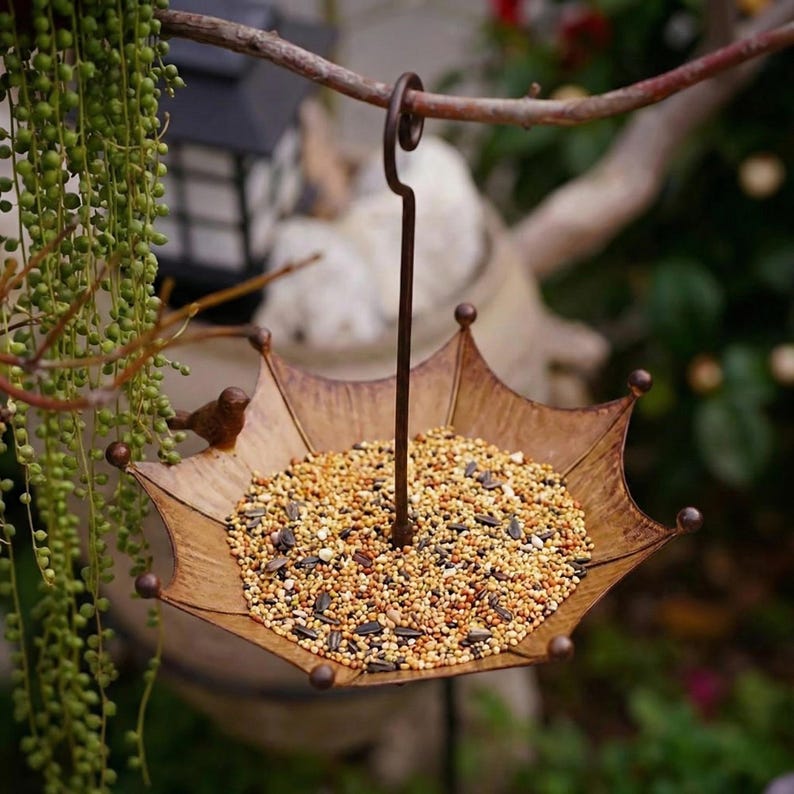 Hanging Umbrella Bird Bath, Bronze Metal Garden Decor
