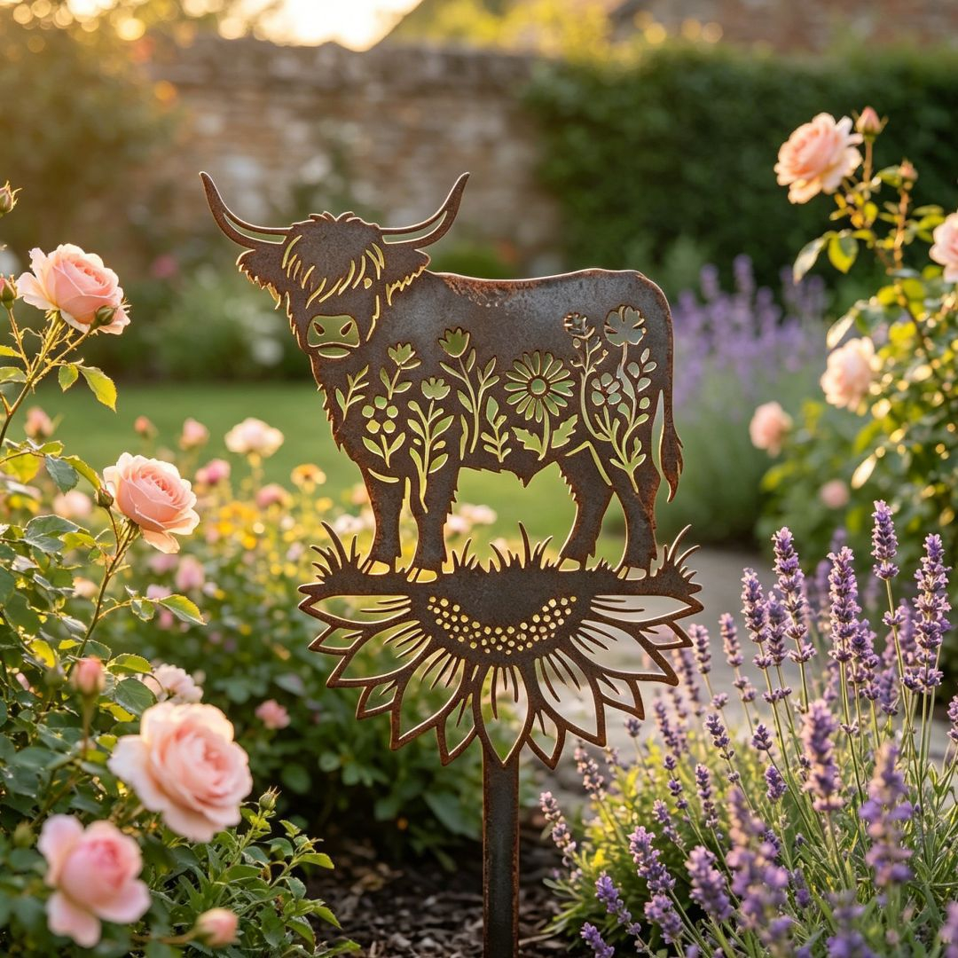 Highland Cow Garden Stake – Rustic Charm for Your Outdoor Space