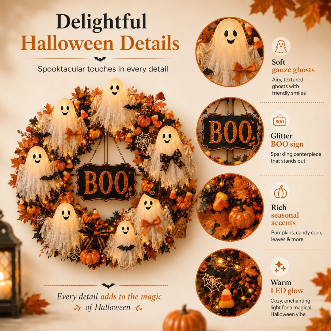 Light-Up Friendly Ghost Halloween Wreath