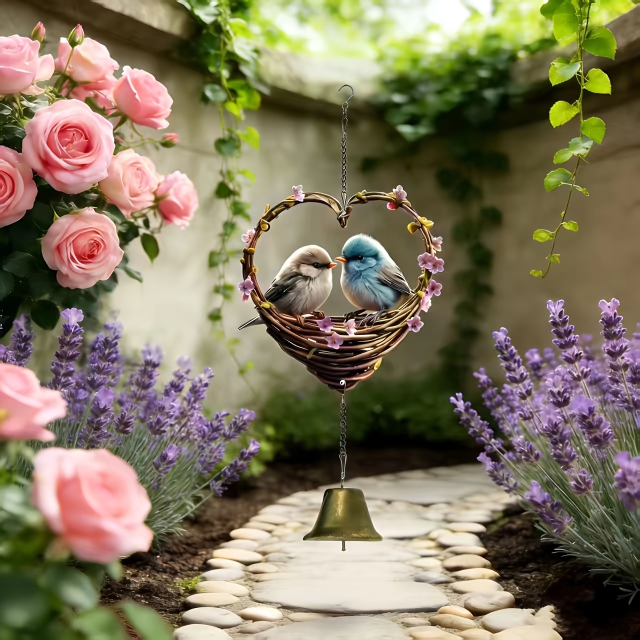 Heart-Shaped Bird & Bell Wind Chime