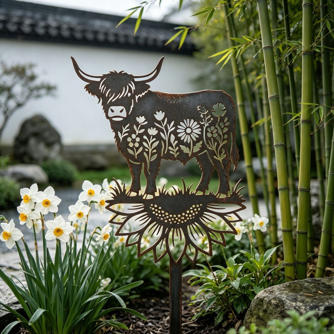 Highland Cow Garden Stake – Rustic Charm for Your Outdoor Space