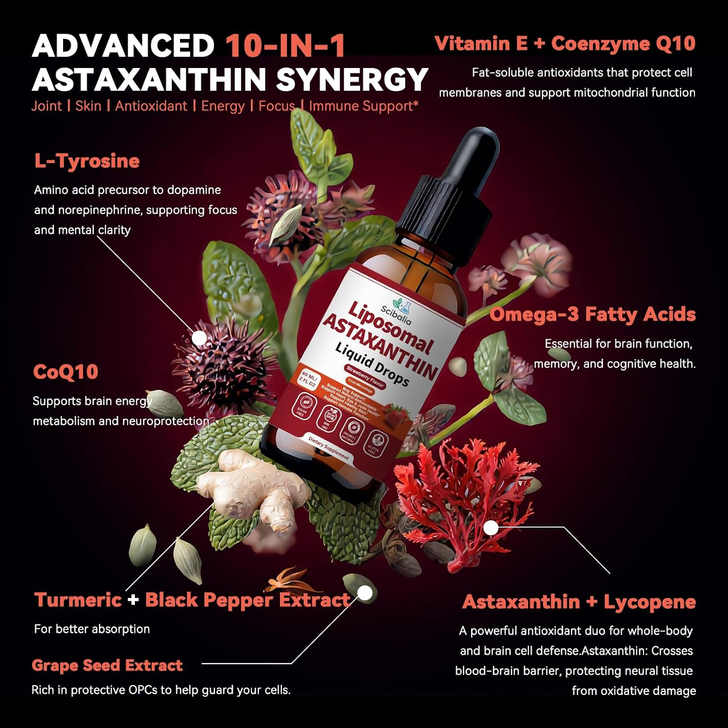 10-in-1 Astaxanthin Antioxidant Supplement 12mg Liquid Drops