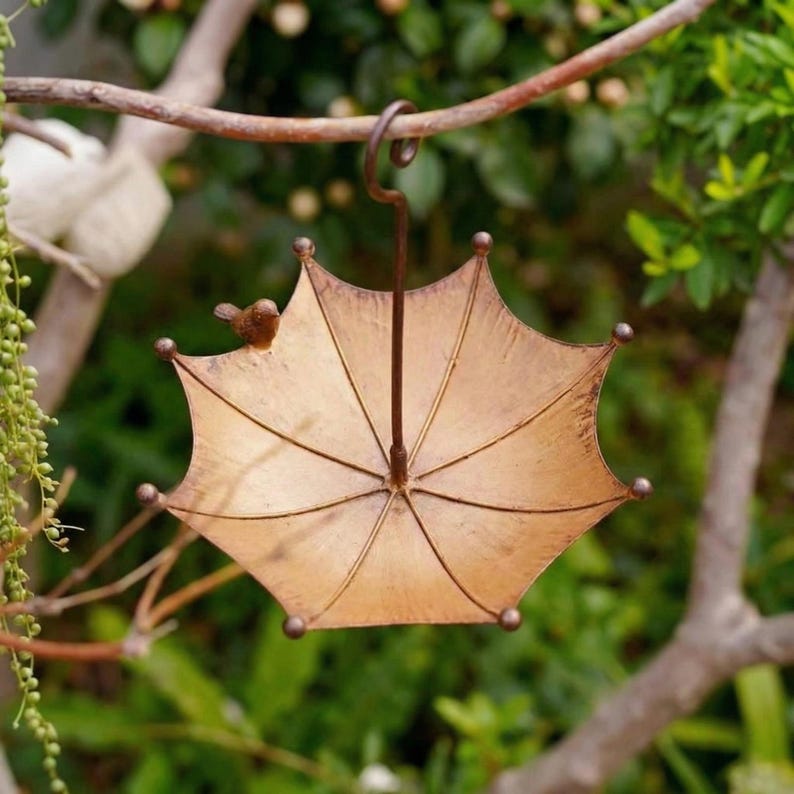 Hanging Umbrella Bird Bath, Bronze Metal Garden Decor