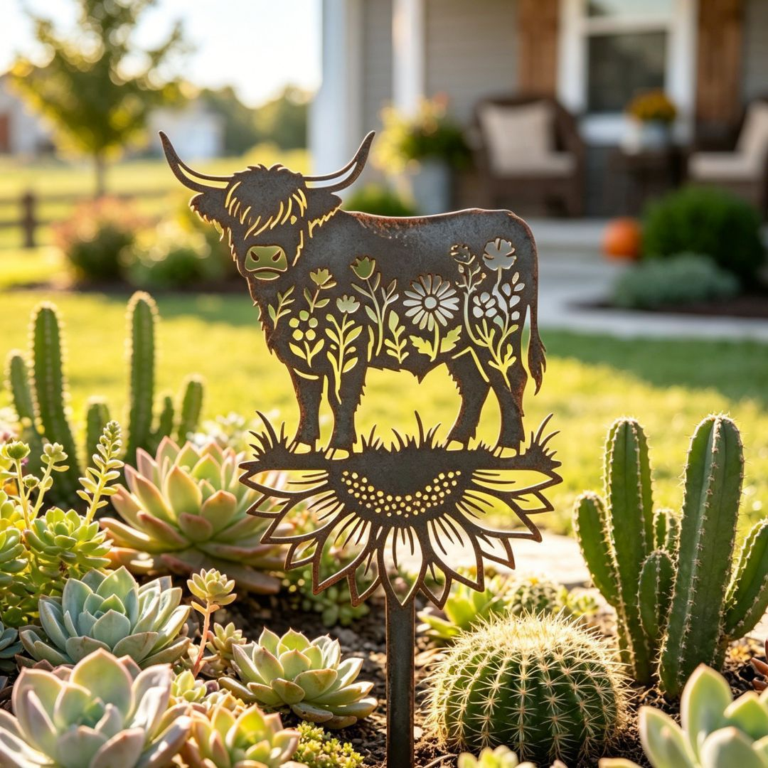 Highland Cow Garden Stake – Rustic Charm for Your Outdoor Space
