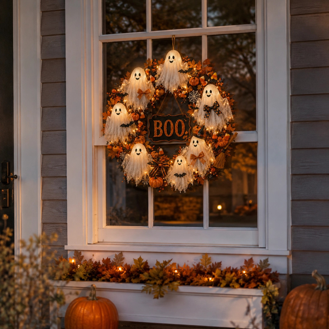 Light-Up Friendly Ghost Halloween Wreath