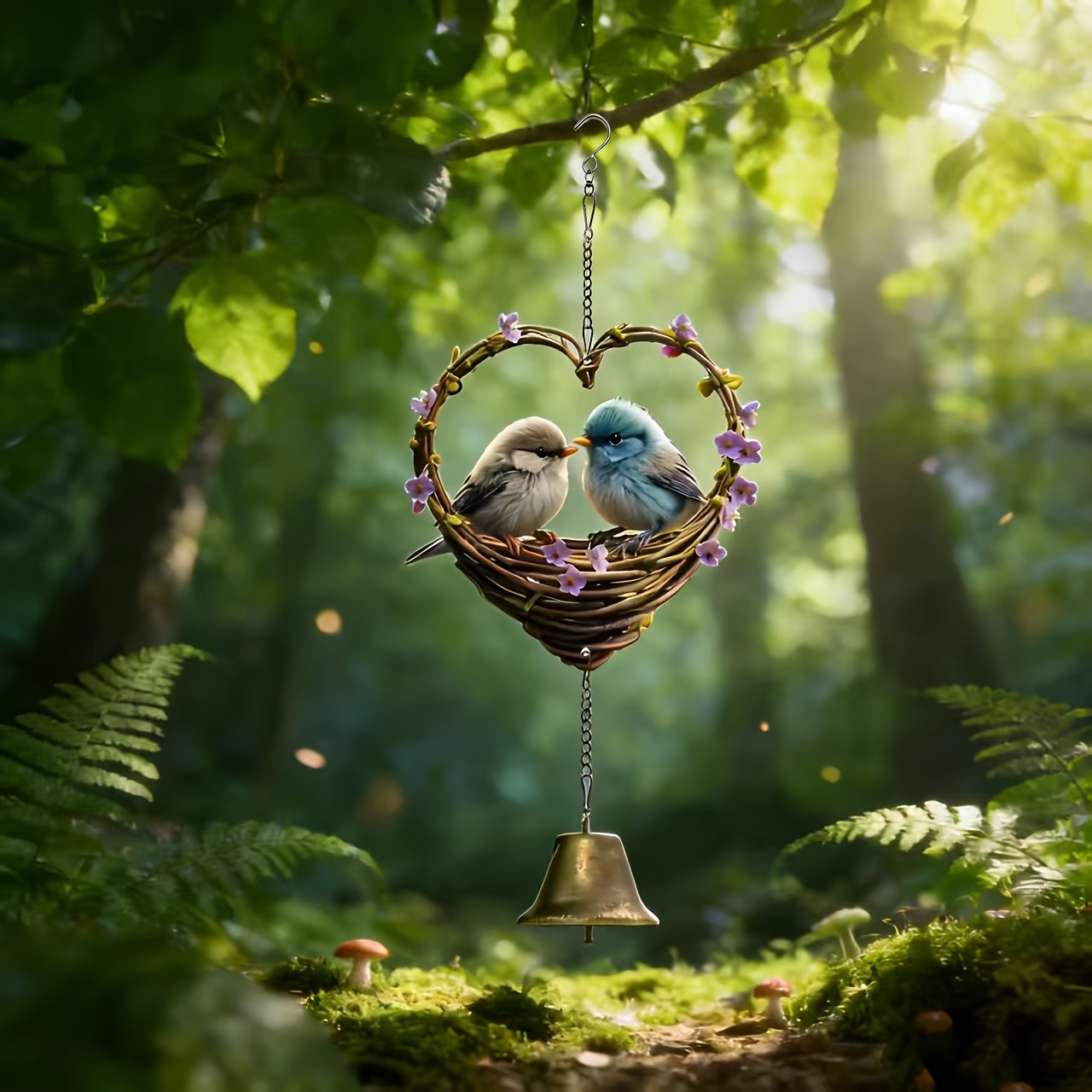 Heart-Shaped Bird & Bell Wind Chime