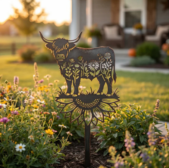 Highland Cow Garden Stake – Rustic Charm for Your Outdoor Space