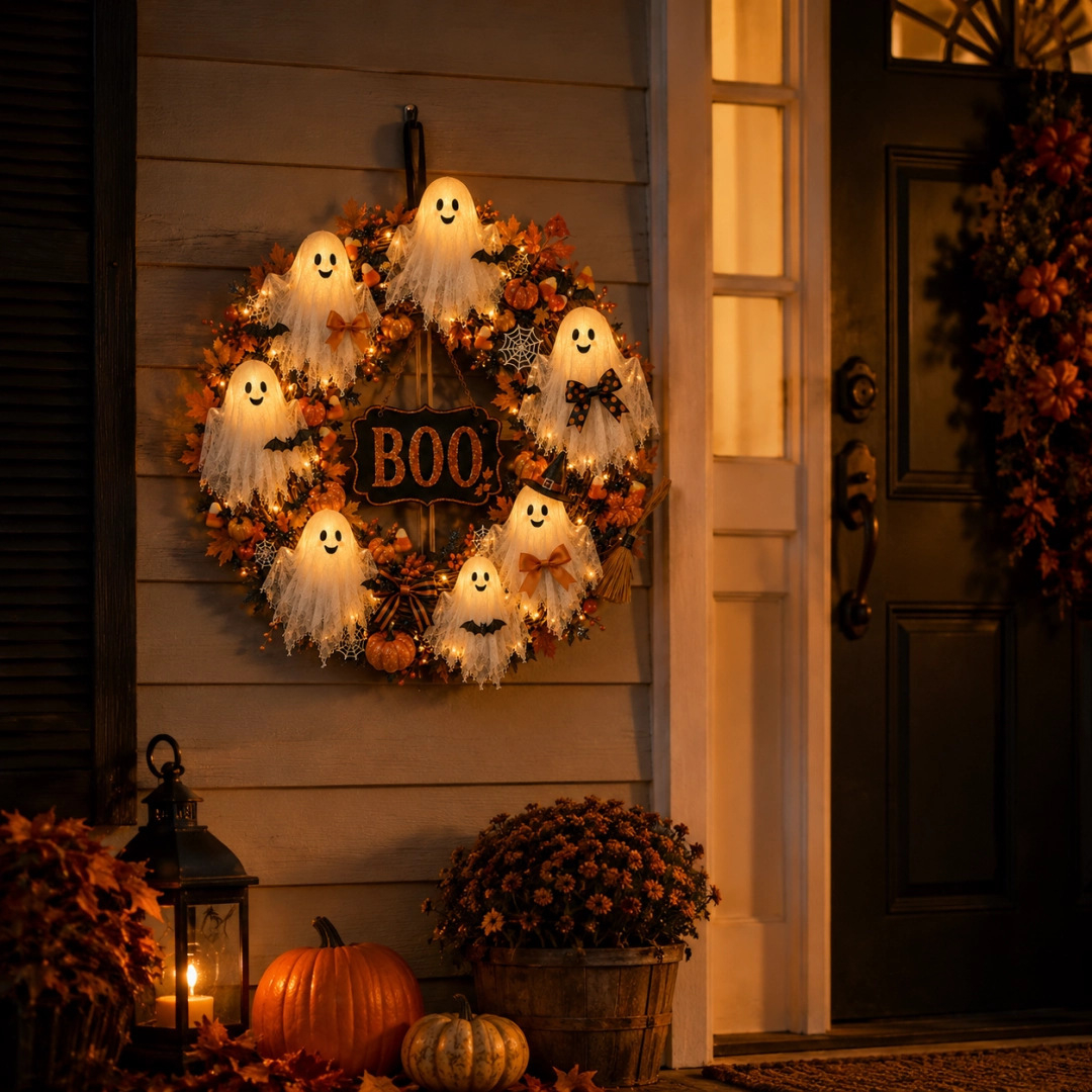 Light-Up Friendly Ghost Halloween Wreath