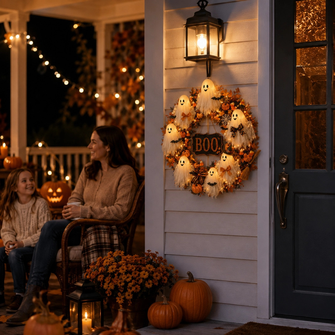 Light-Up Friendly Ghost Halloween Wreath