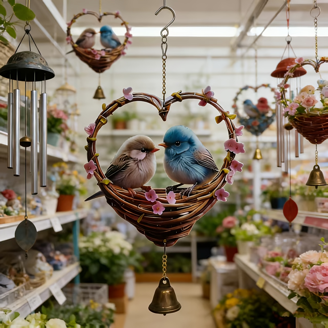 Heart-Shaped Bird & Bell Wind Chime