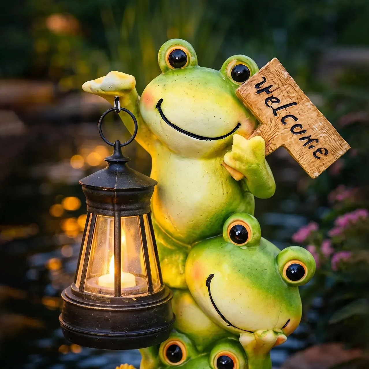 Stacked Frogs Solar Garden Statue with Lantern Light