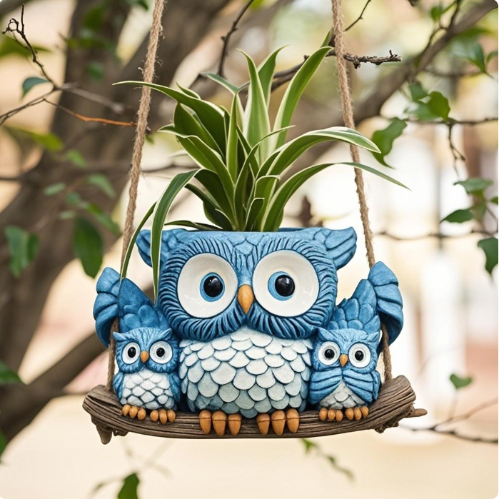 Owl Family Swing Planter – Adorable Mother’s Day Gift, Self-Draining