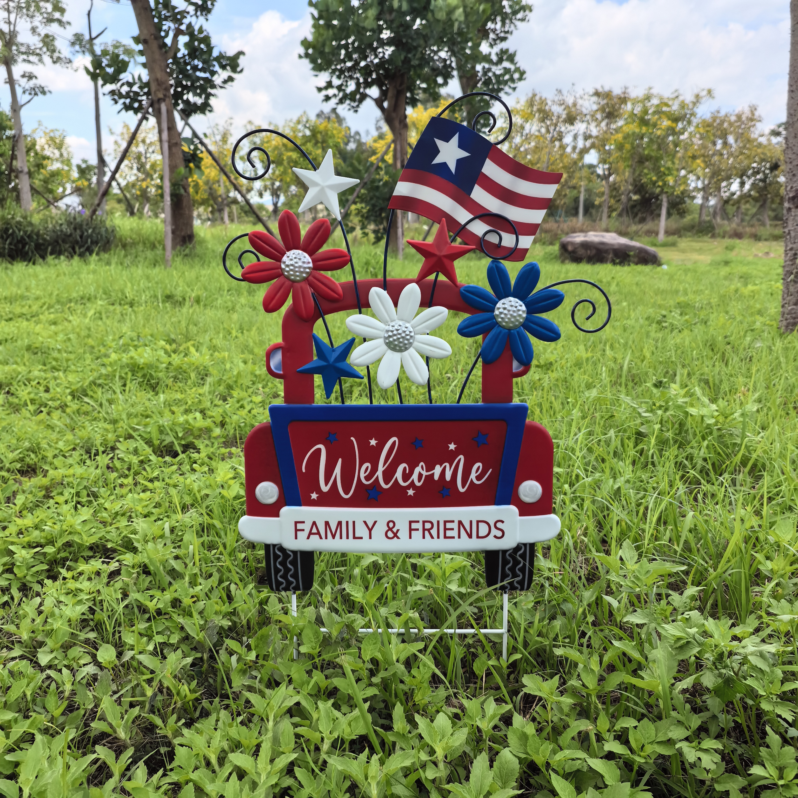 Metallic Red Truck Independence Day Patriotic Garden Yard Stake