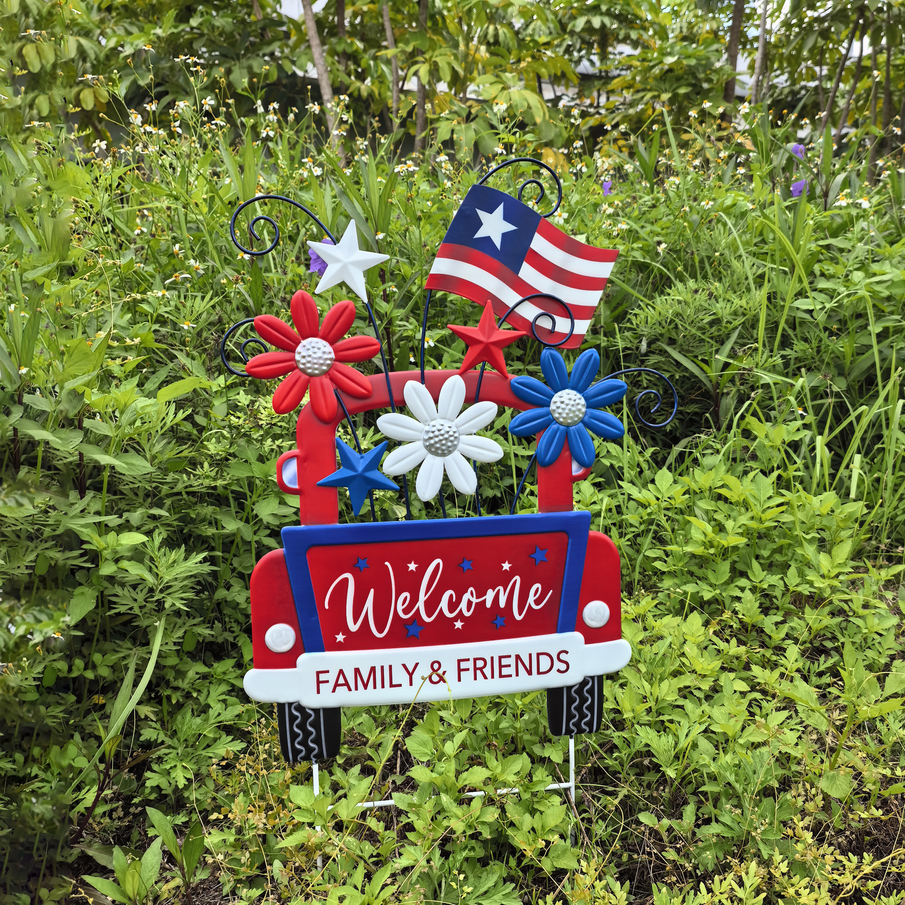Metallic Red Truck Independence Day Patriotic Garden Yard Stake