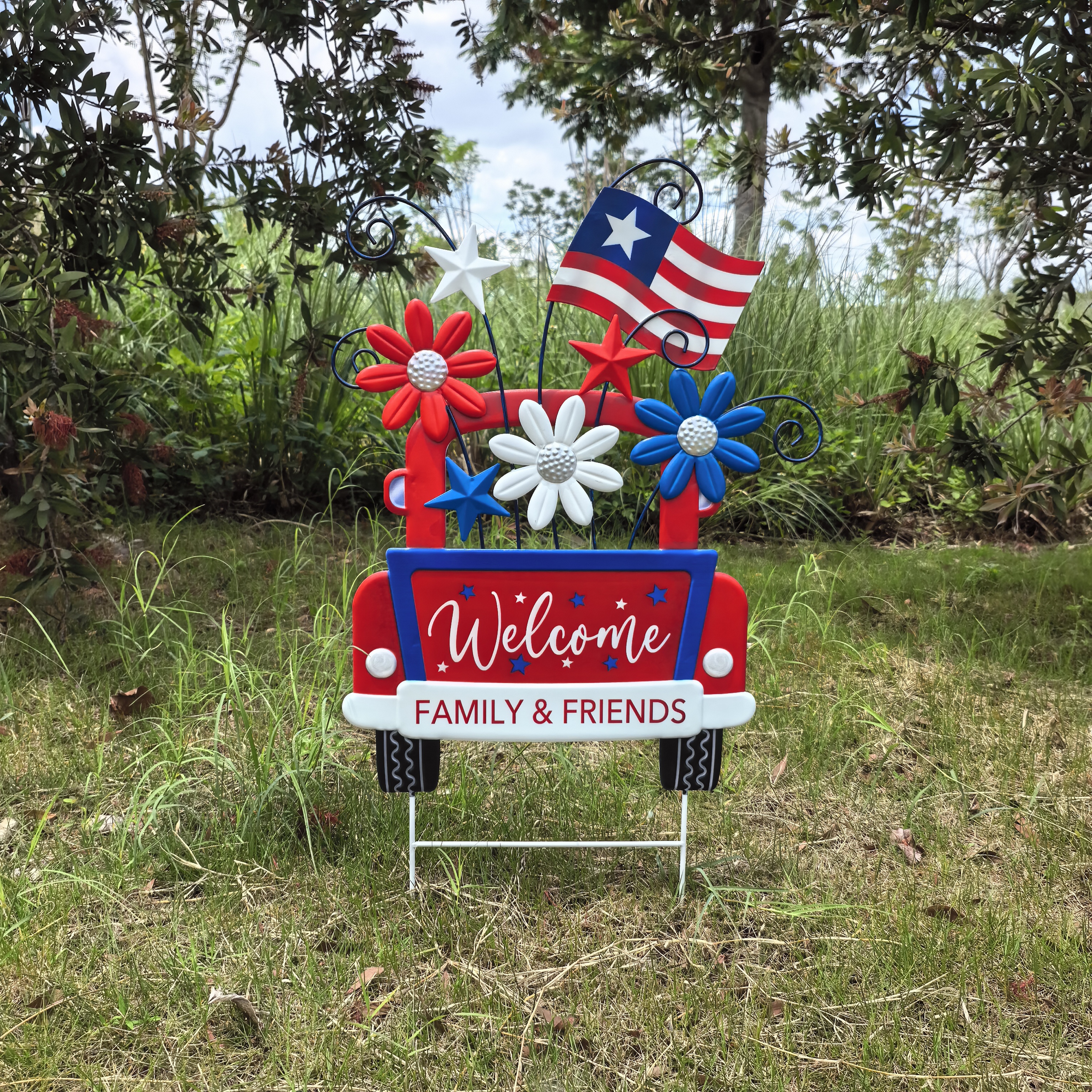 Metallic Red Truck Independence Day Patriotic Garden Yard Stake