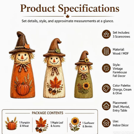 🎃3-Piece Rustic Halloween Wooden Figurine Set