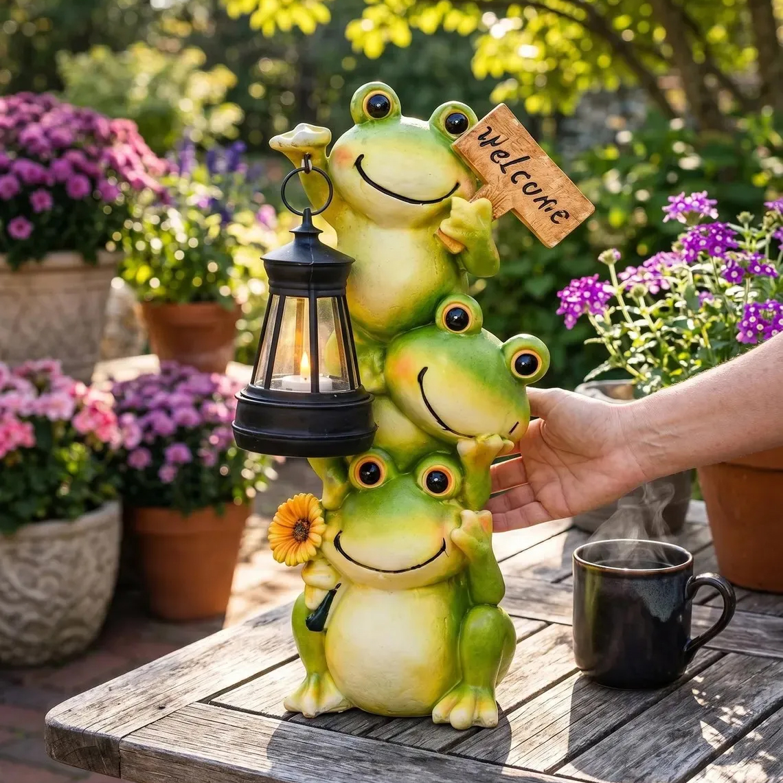 Stacked Frogs Solar Garden Statue with Lantern Light