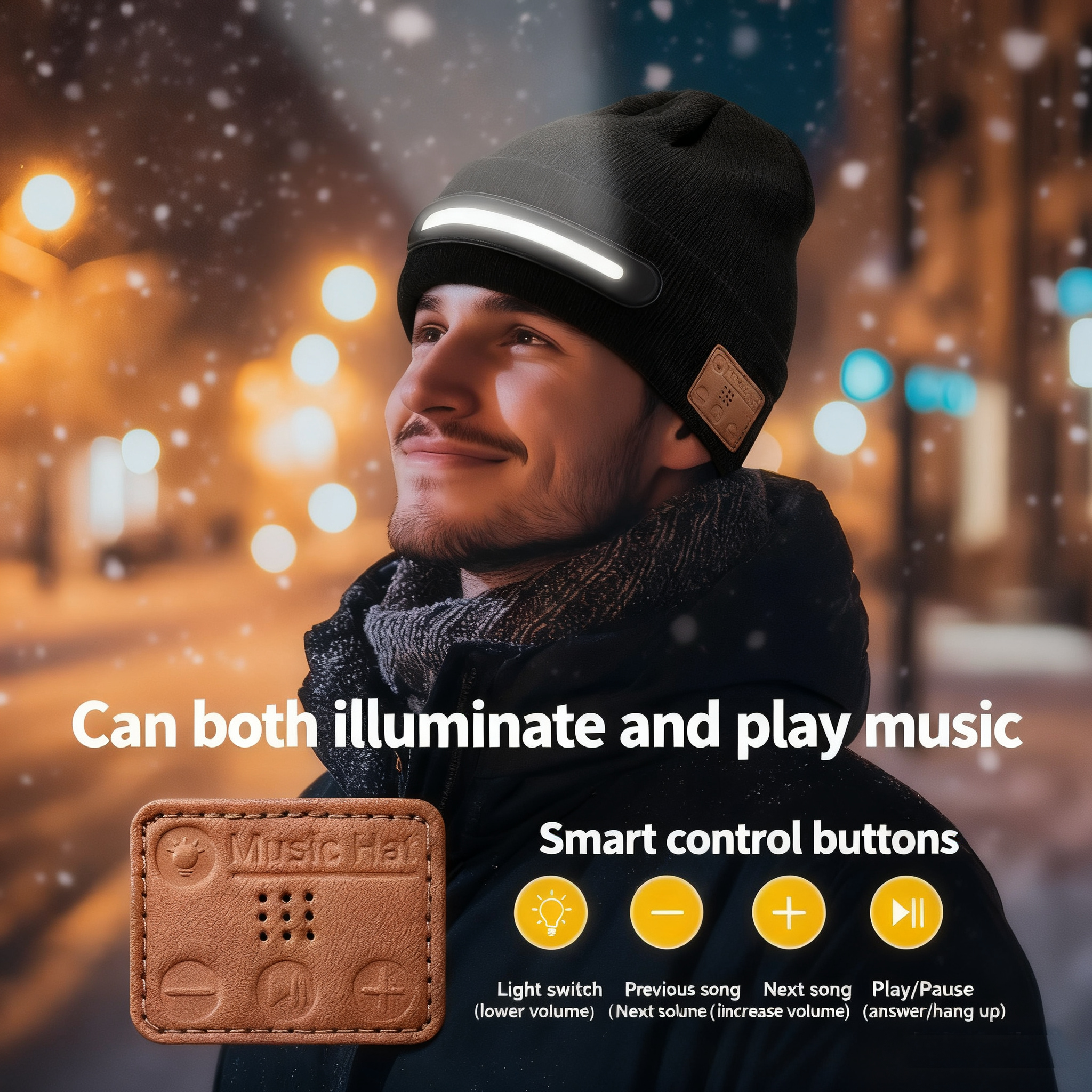 Bluetooth Beanie with Light, Musical Knit Hat with Wireless Headphone
