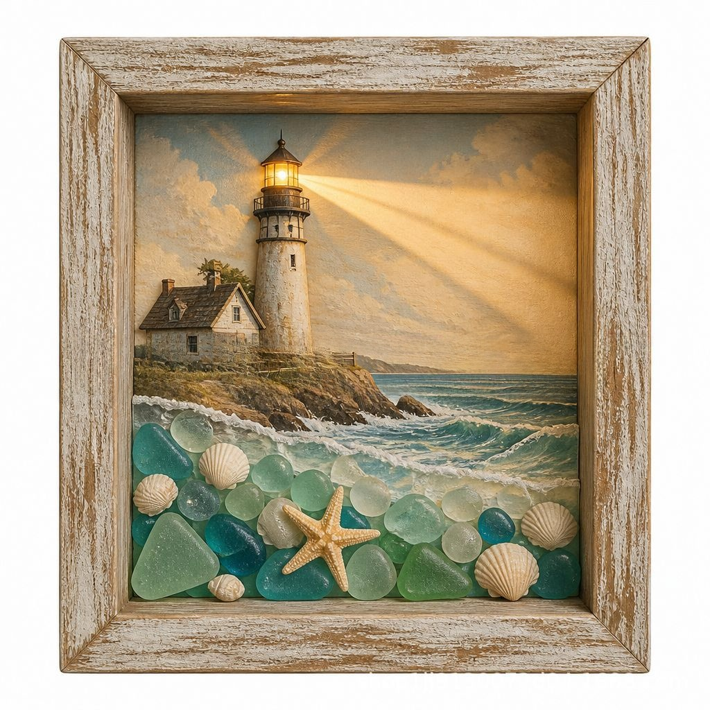 Coastal Lighthouse LED Shadow Box Lamp – Sea Glass Style Framed Night Light Décor