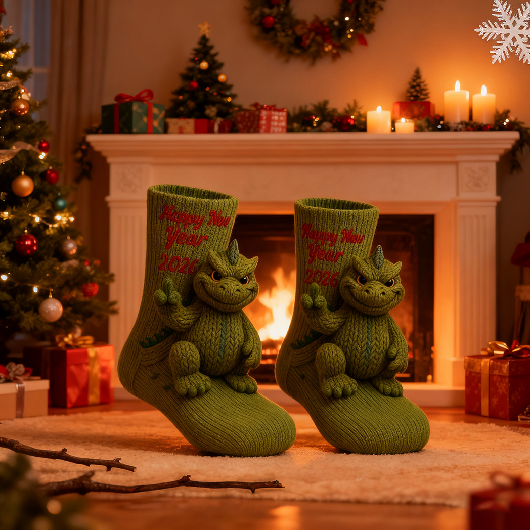 Godzilla Happy New Year 2026 Crochet Socks