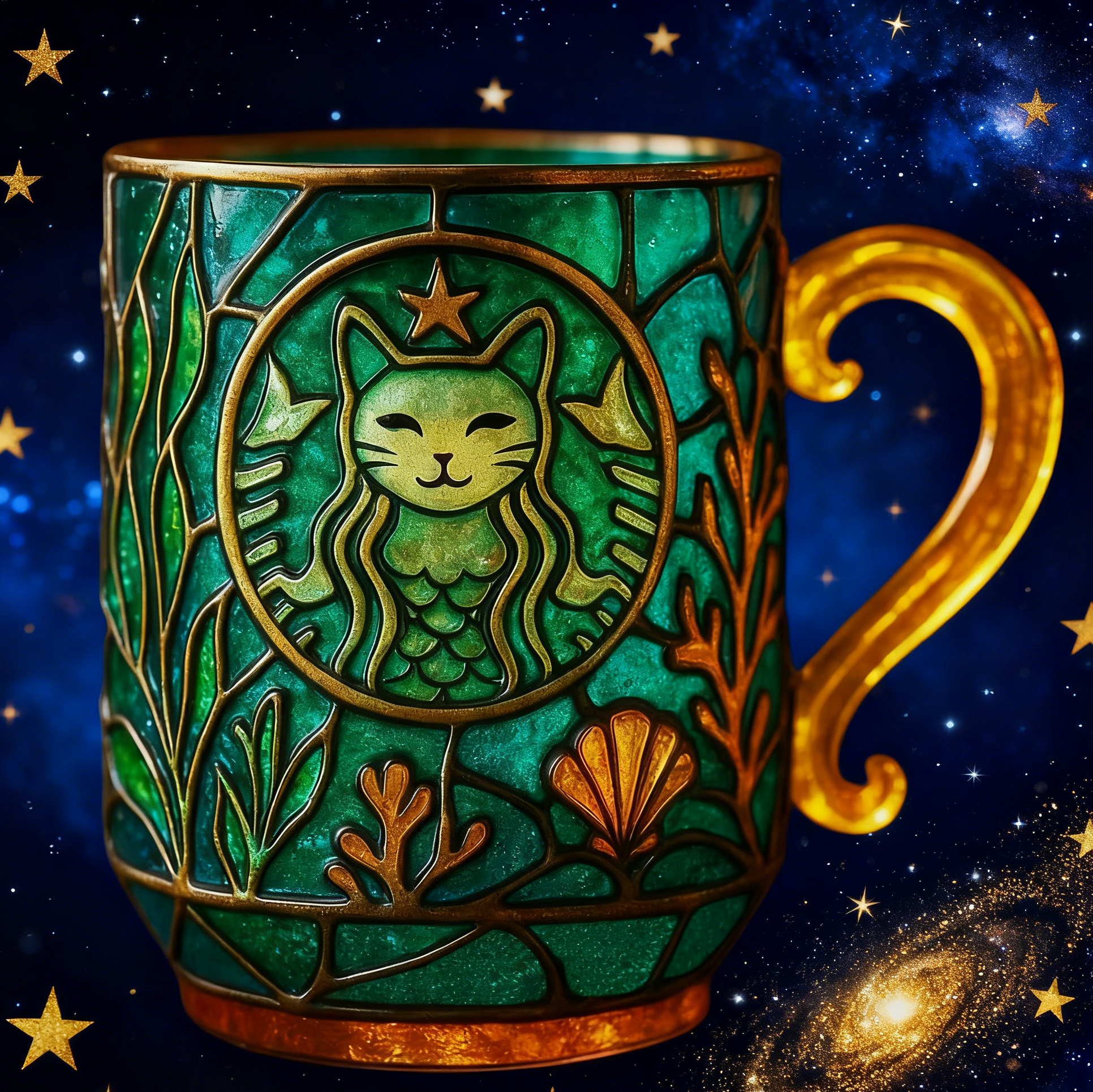 🌟 Starcat Siren – Emerald Brew Glass Mug