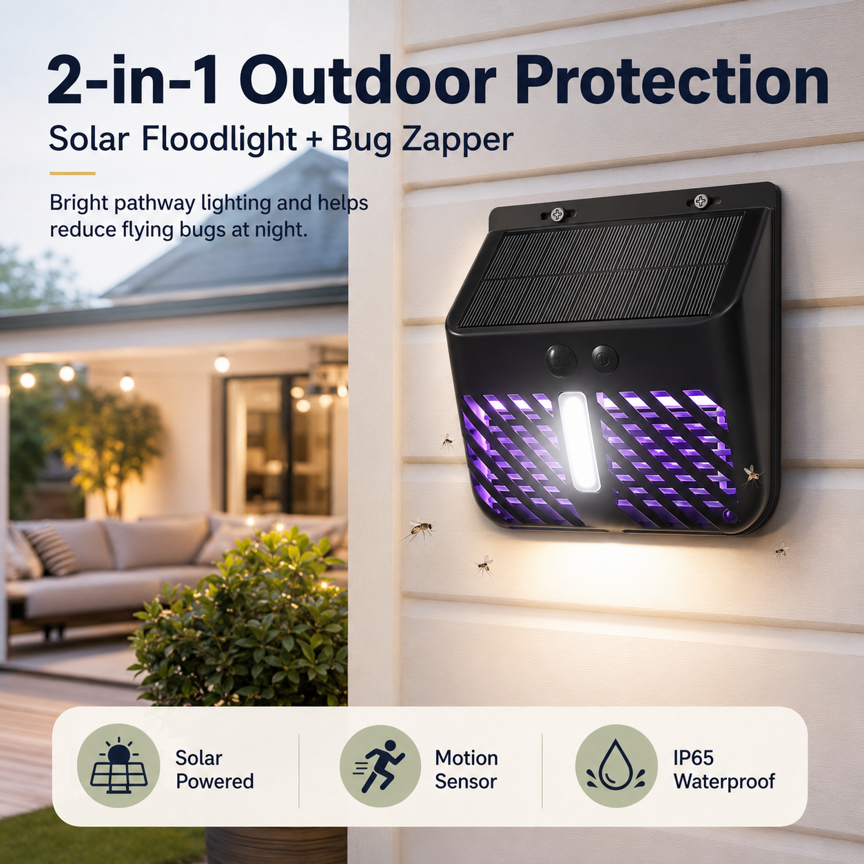 Solar Motion Sensor Wall Light with Built-In Bug Zapper