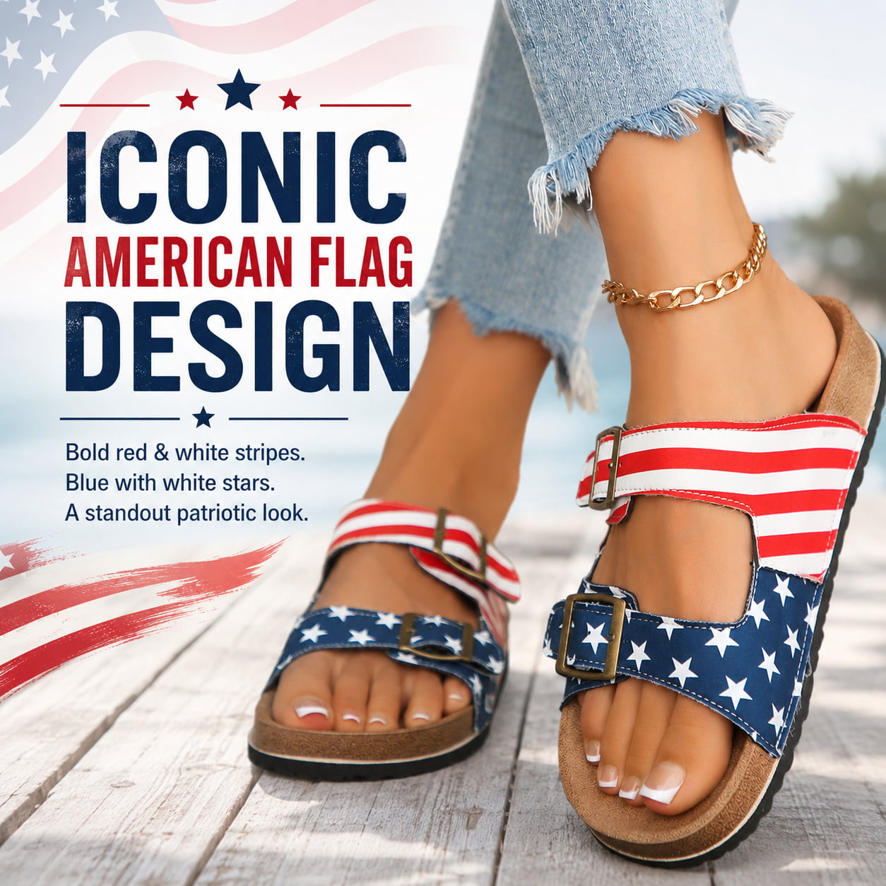 American Flag Two‑Strap Cork Sandals