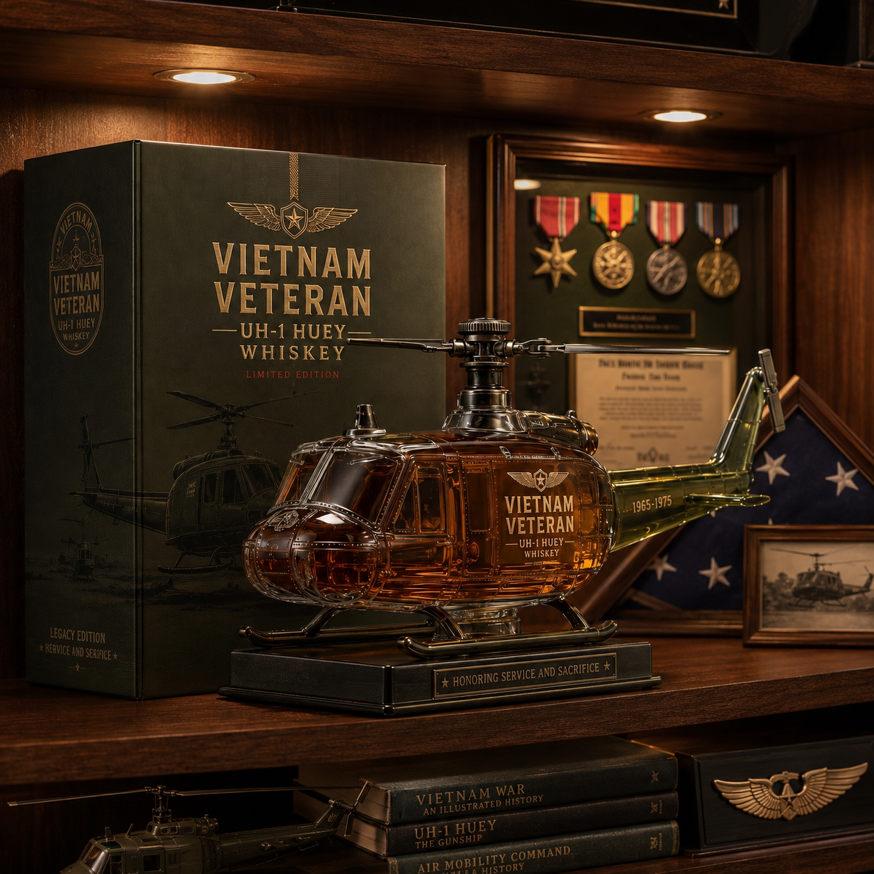 Vietnam War Veteran UH-1 Huey Helicopter Tribute Whiskey Decanter - 1965-1975 Limited Edition