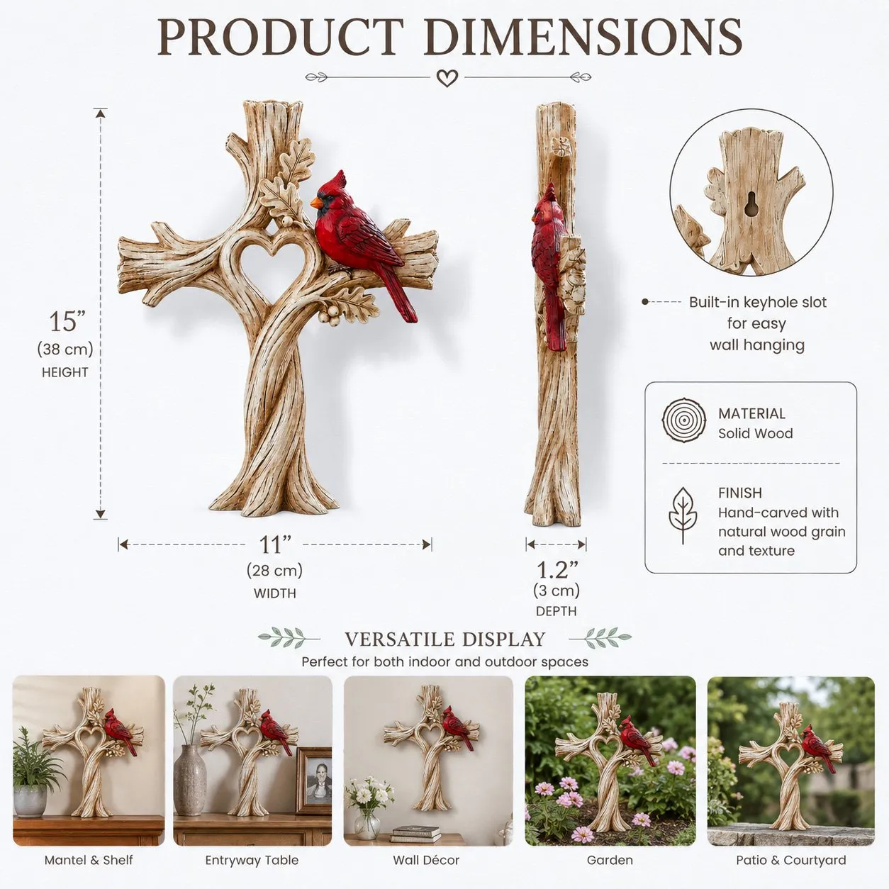 Carved Solid Wood Cardinal Heart Tree Cross