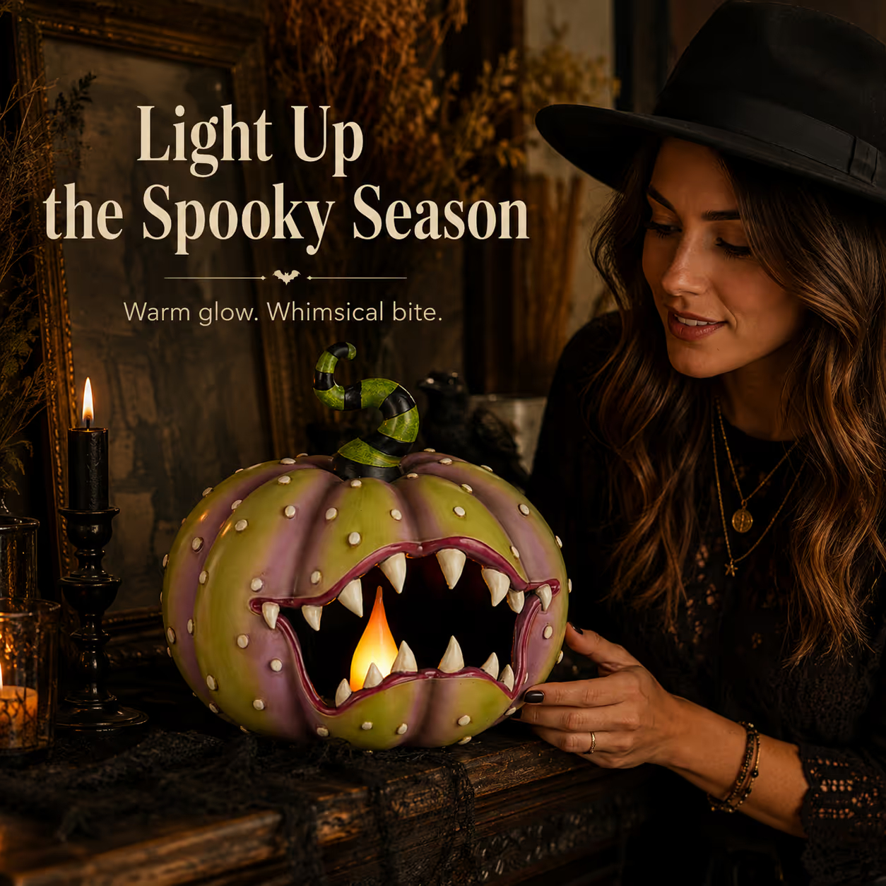 🎃 12" Lighted Ghoulish Pumpkin with Glowing Candle 🕯️