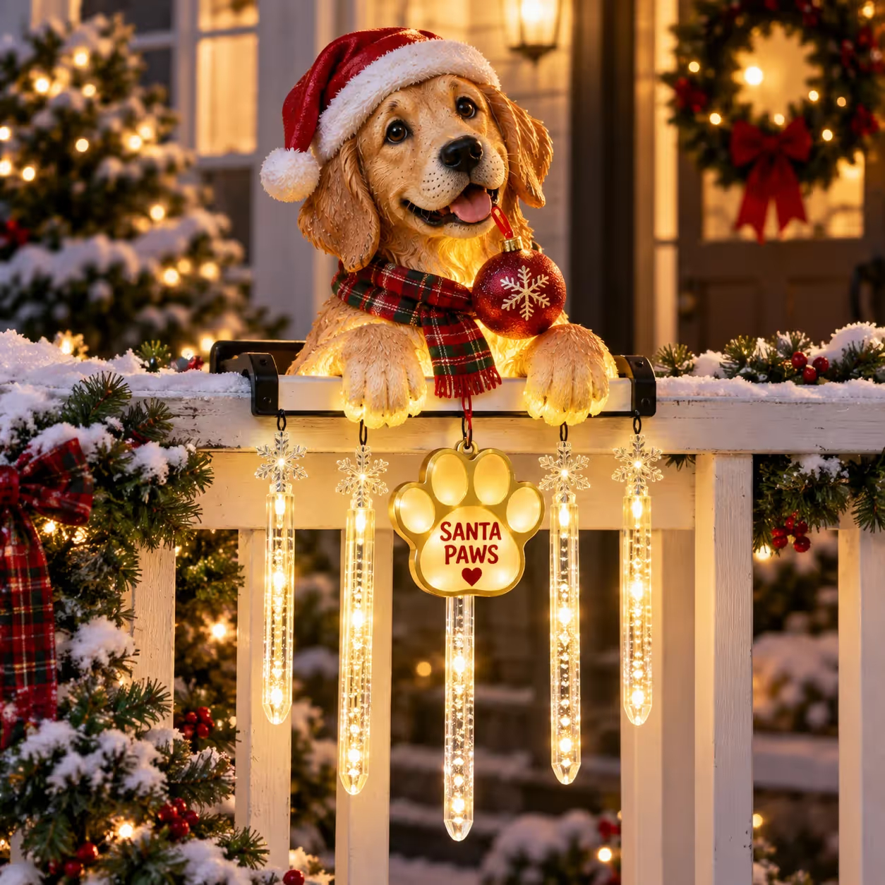 🐾 Santa Paws Christmas Porch Glow – Illuminated Dog‑Themed Railing Decoration 🎄✨
