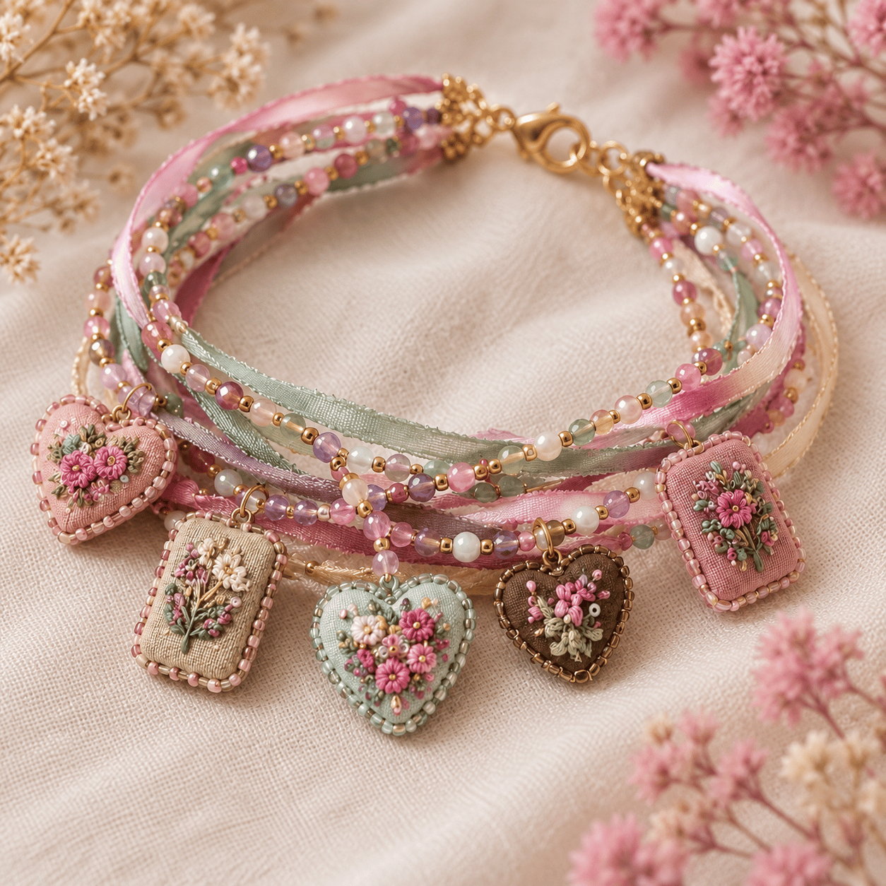 🌸 Embroidered Floral Charm Bracelet DIY Kit